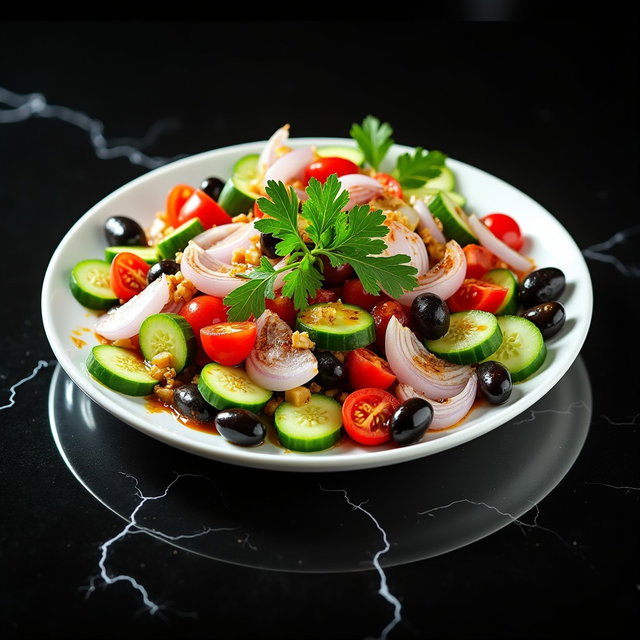 A vibrant and refreshing Shopska salad, beautifully arranged on a white plate