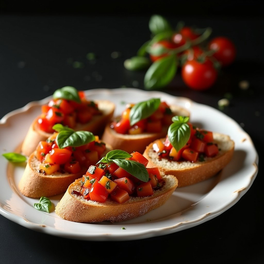 An elegantly arranged plate of bruschetta, featuring toasted baguette slices topped with a colorful mixture of diced tomatoes, fresh basil, minced garlic, and a drizzle of balsamic glaze