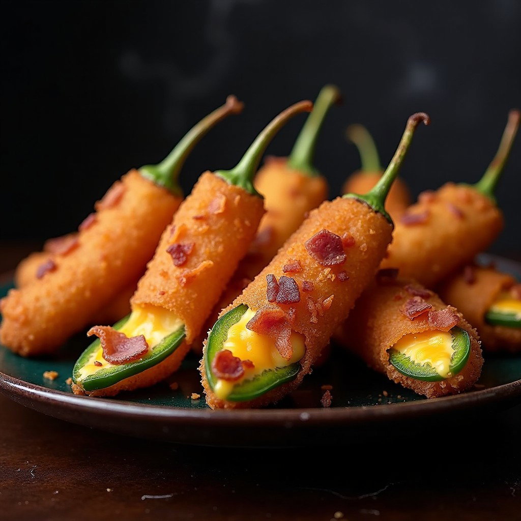 A delicious plate of homemade jalapeño poppers, each filled with gooey cheese and savory bacon bits, perfectly deep-fried to a crispy golden brown