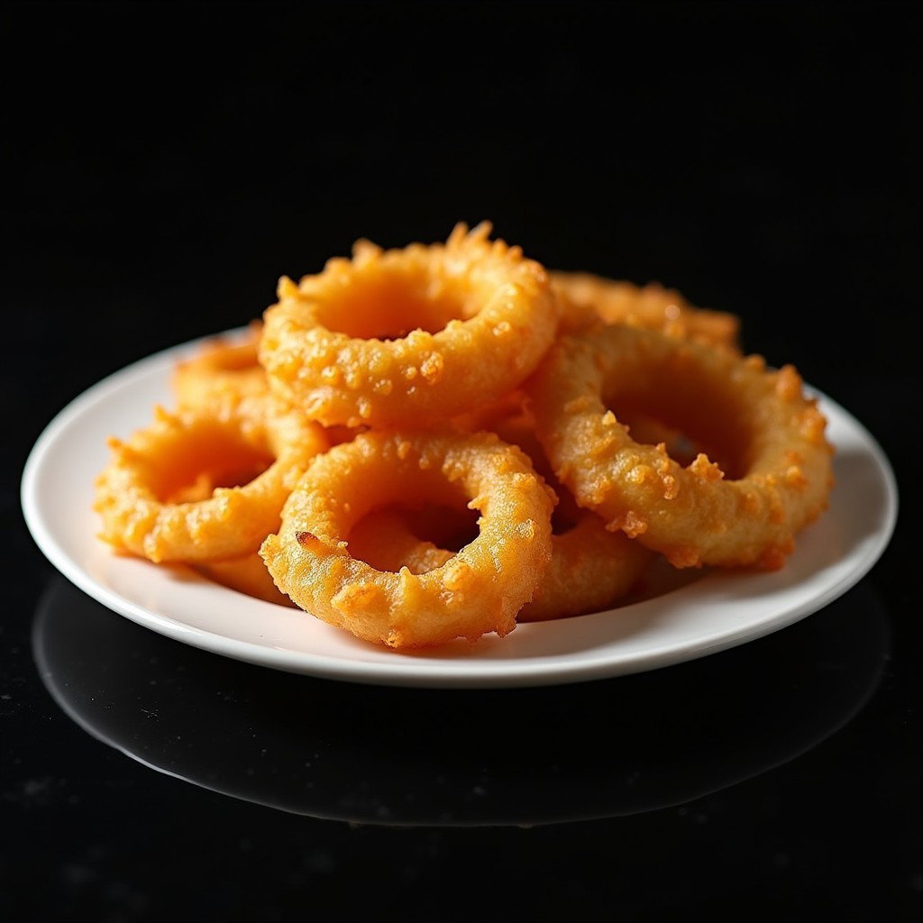 A delectable serving of golden, crispy onion rings displayed on a white plate
