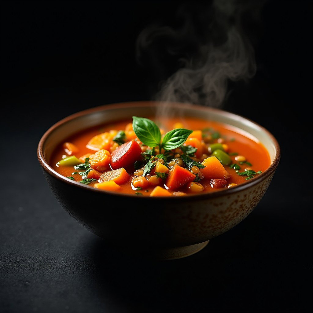 A beautifully presented bowl of soup, showcasing a rich and colorful variety of ingredients