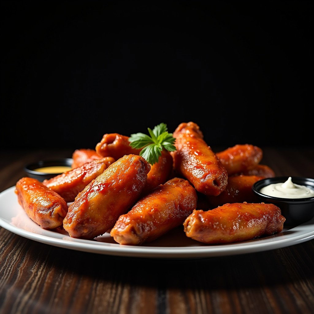 A delicious platter of chicken wings, perfectly cooked and glistening with a savory glaze, arranged neatly on a white plate