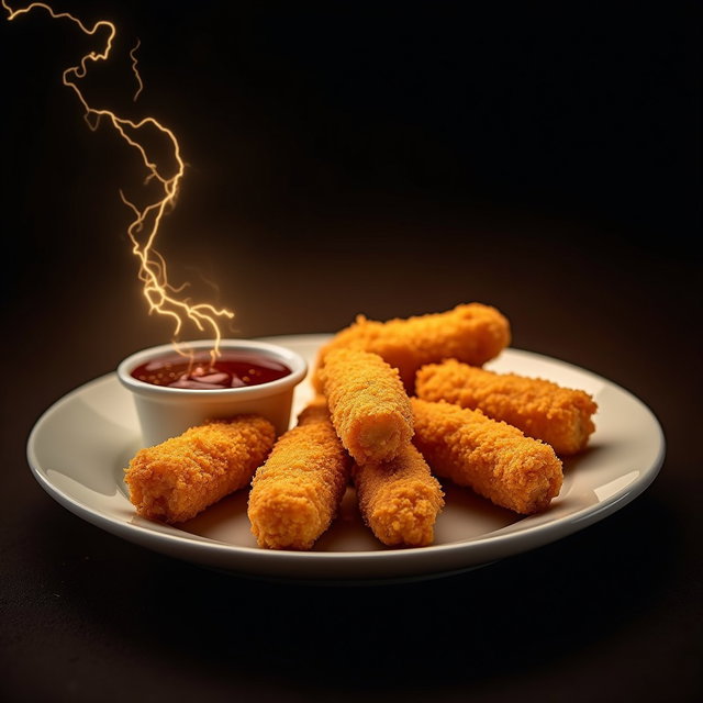 A tantalizing plate of golden, crispy chicken fingers arranged neatly, showcasing their crunchy texture and delicious appeal