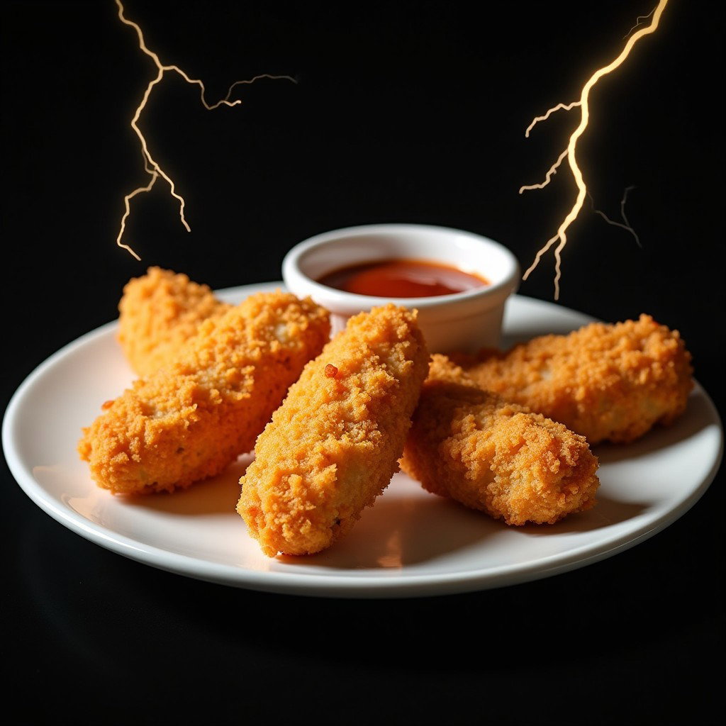 A plate featuring six golden-brown chicken fingers, perfectly breaded and crispy, arranged neatly on a white plate