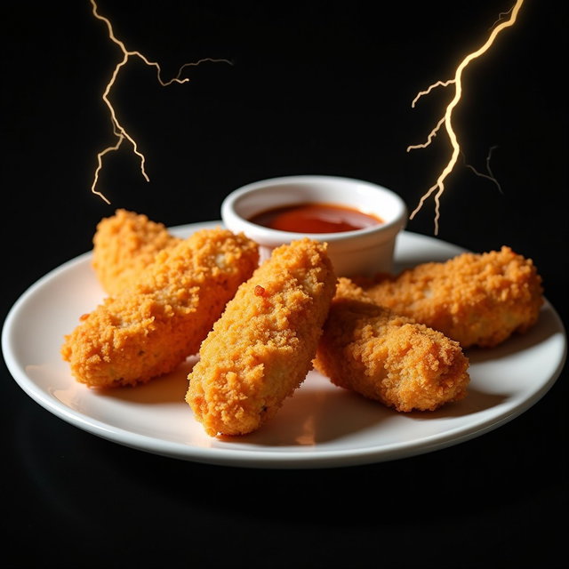 A plate featuring six golden-brown chicken fingers, perfectly breaded and crispy, arranged neatly on a white plate