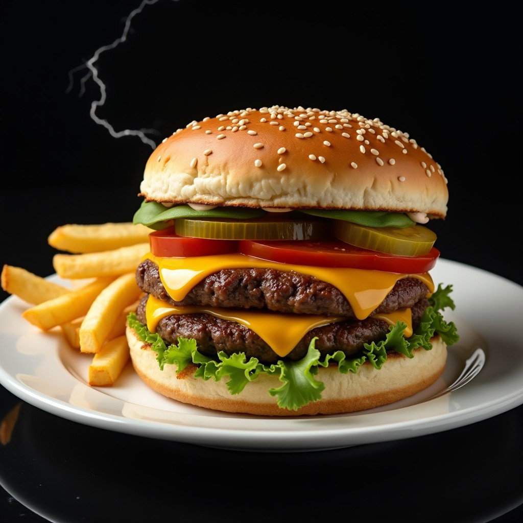 A classic burger presented on a white plate, showcasing a mouthwatering juicy beef patty topped with melted cheddar cheese, crisp lettuce, fresh tomato slices, pickles, and a drizzle of special sauce, all sandwiched between a perfectly toasted sesame seed bun