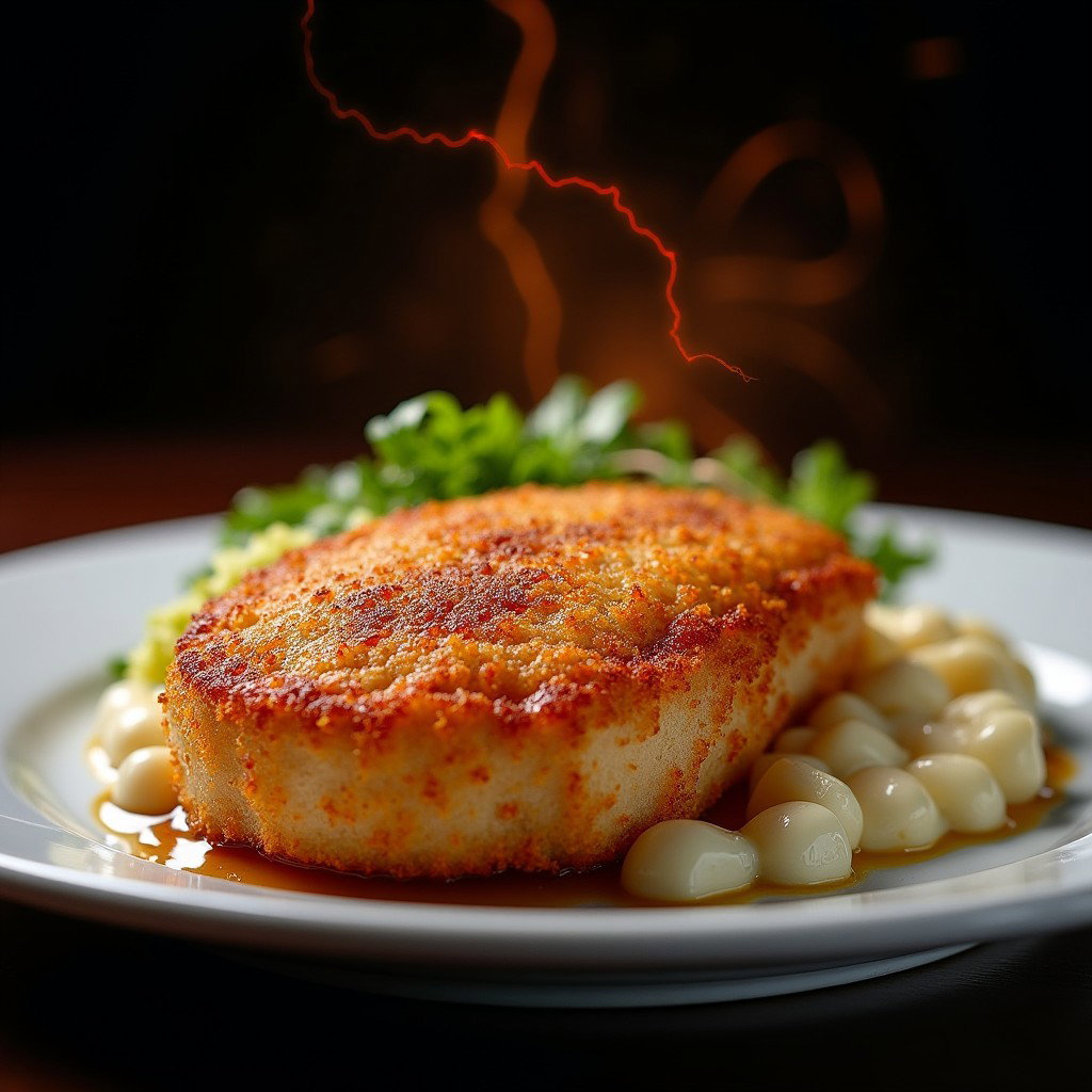 A classic Viennese escalope of veal, perfectly deep fried to a golden brown, showcasing a crispy breadcrumb coating that glistens invitingly