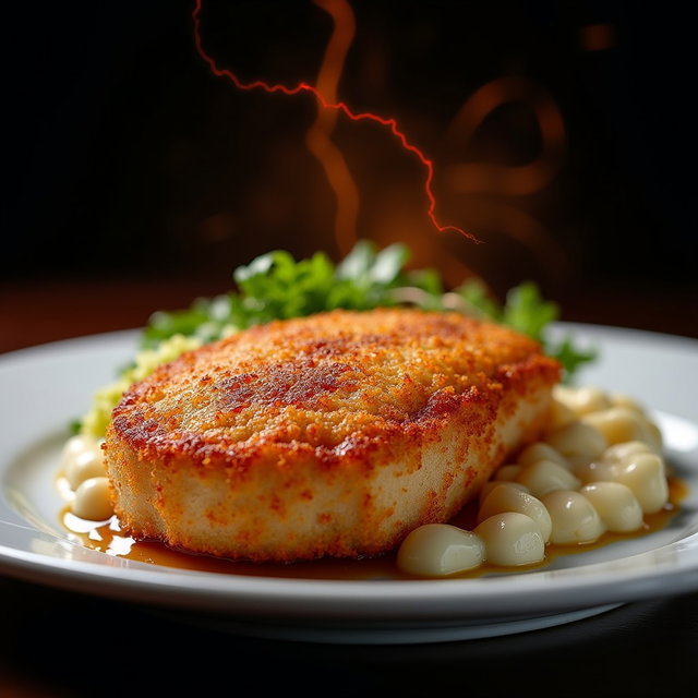 A classic Viennese escalope of veal, perfectly deep fried to a golden brown, showcasing a crispy breadcrumb coating that glistens invitingly