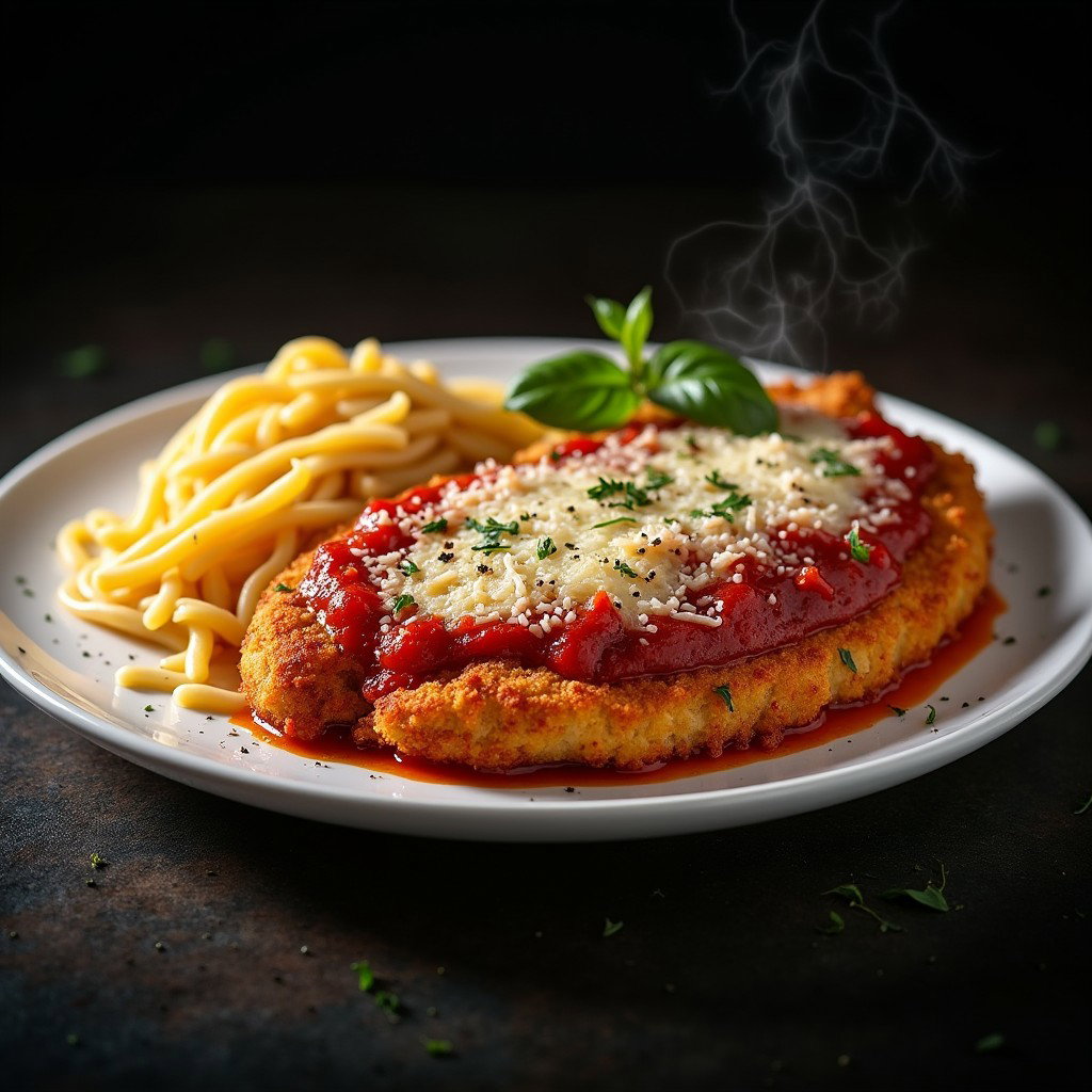An appetizing plate of Chicken Parmesan, also known as Chicken Parmigiana, showcasing perfectly breaded and fried chicken cutlets