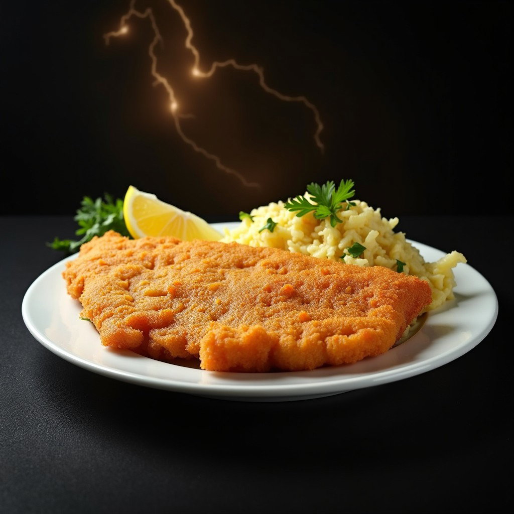 A beautifully presented Wiener Schnitzel, showcasing a thin, breaded and fried cutlet that is golden brown and crispy, traditionally made with veal