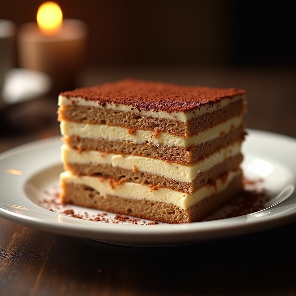 A beautifully presented tiramisu cake on a classic white plate, fully visible in the scene