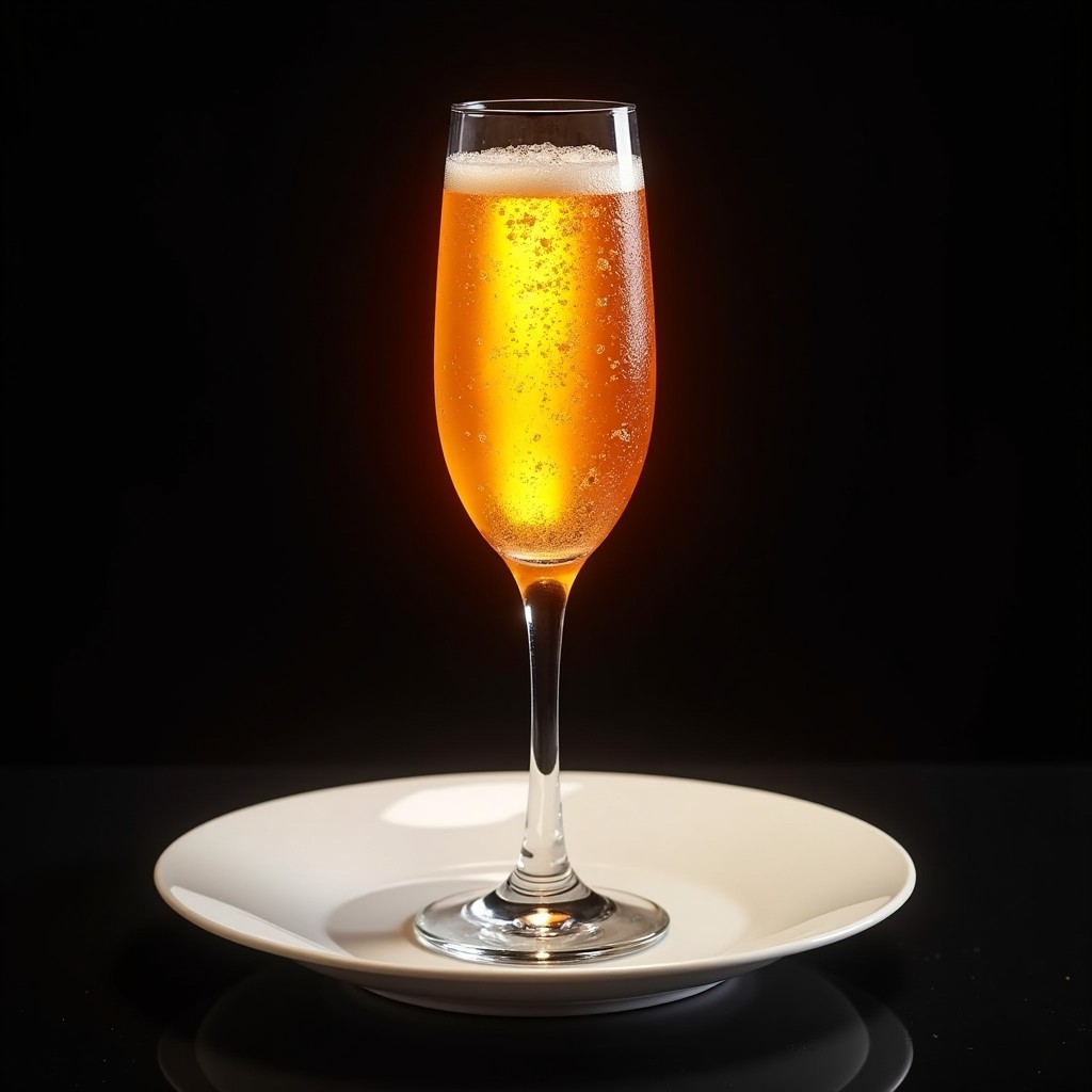 A beautifully crafted mimosa cocktail, featuring a vibrant mixture of sparkling champagne and freshly squeezed orange juice, served in an elegant tall champagne glass