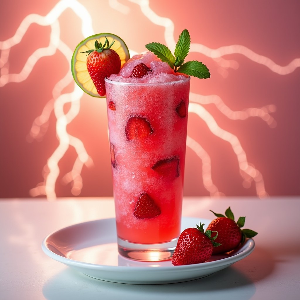 A refreshing presentation of frozen strawberry daiquiris served in a stylish glass, showcasing a vibrant pink hue with chunks of fresh strawberries visible throughout the slushy texture