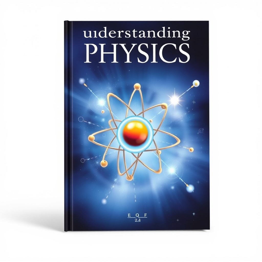 A beautifully designed physics textbook cover featuring a striking illustration of an atom with electrons in motion around it, visually representing fundamental physics concepts