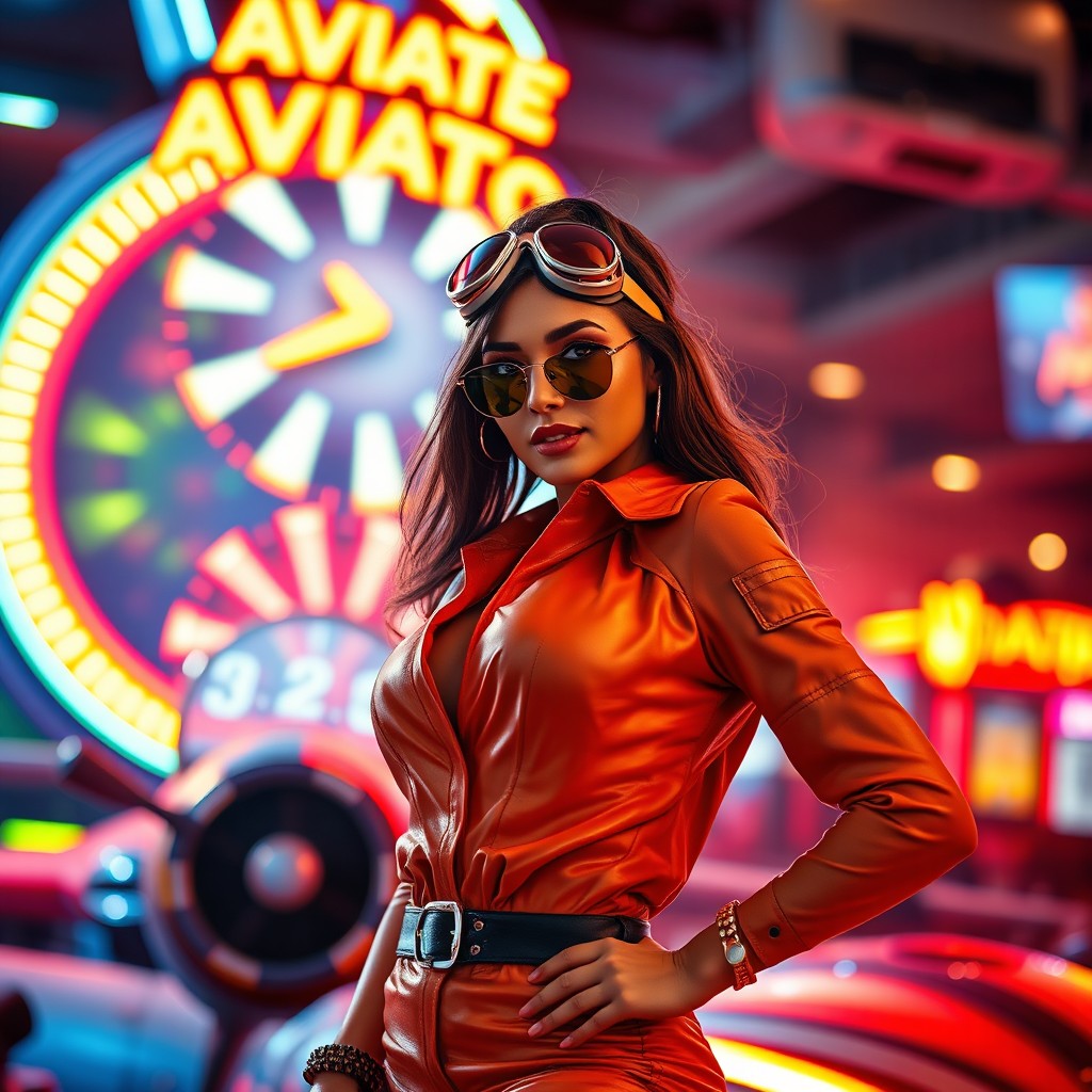 A stylish, glamorous woman wearing a trendy pilot-inspired outfit, standing confidently in front of a vibrant Aviator game backdrop