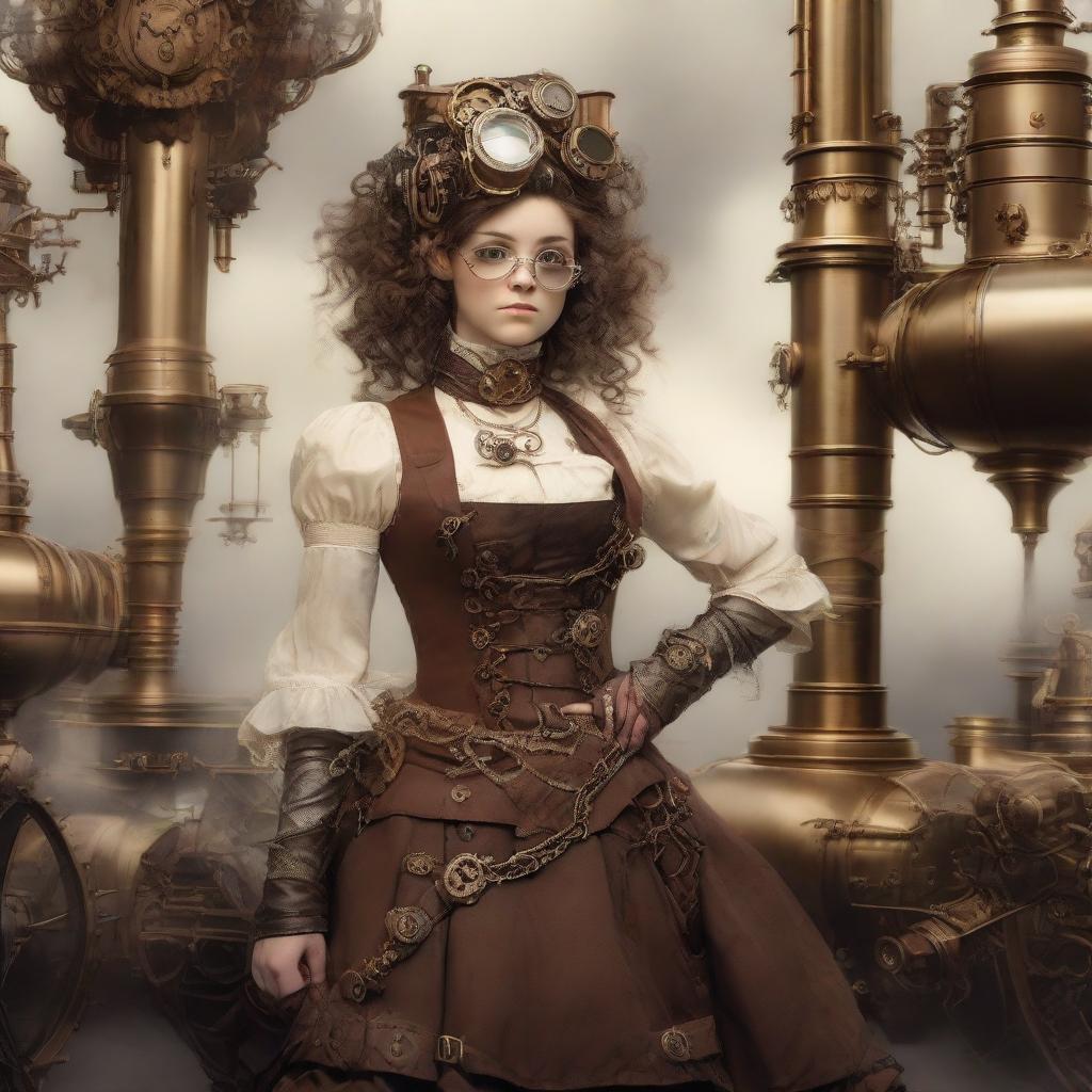 A girl dressed in intricate steampunk style attire, complete with goggles, gear adorned clothing, and a Victorian-inspired dress, surrounded by steam-powered machinery.