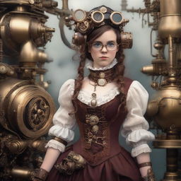 A girl dressed in intricate steampunk style attire, complete with goggles, gear adorned clothing, and a Victorian-inspired dress, surrounded by steam-powered machinery.