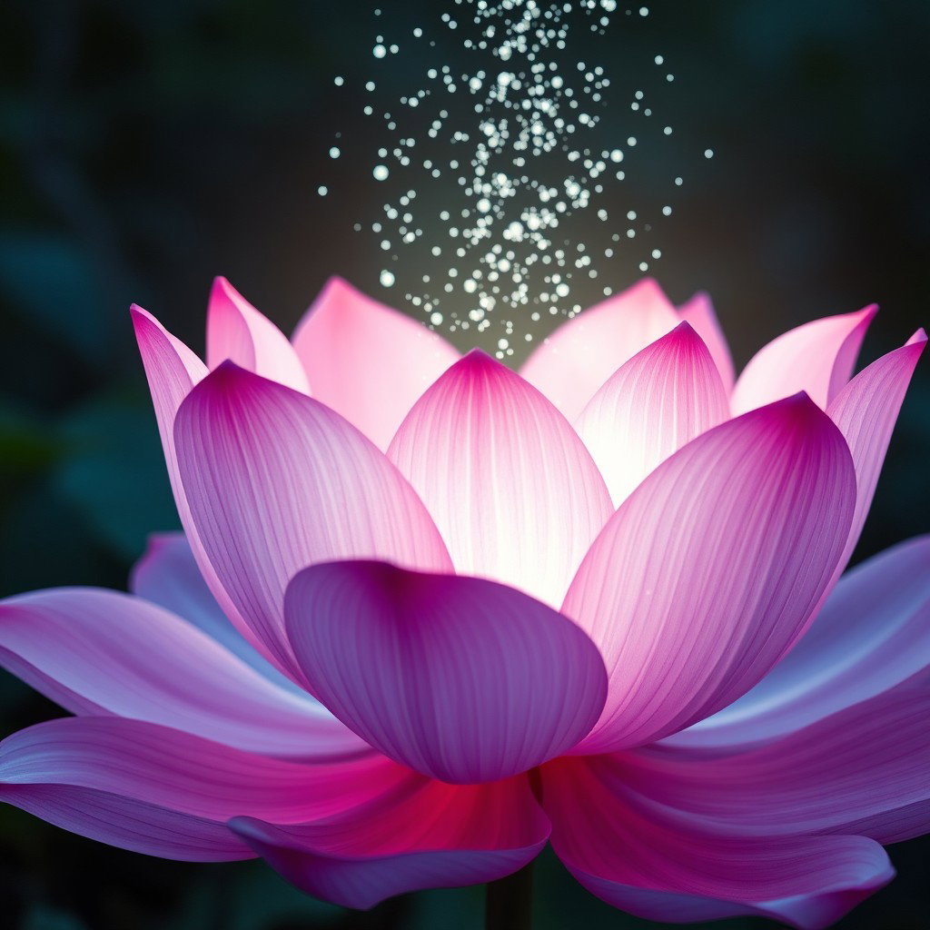 A large pink flower resembling a lotus with transparent petals, radiating light