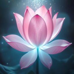 A large pink flower resembling a lotus with transparent petals, radiating light