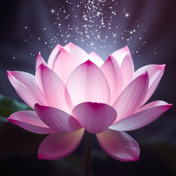 A large pink flower resembling a lotus with transparent petals, radiating light