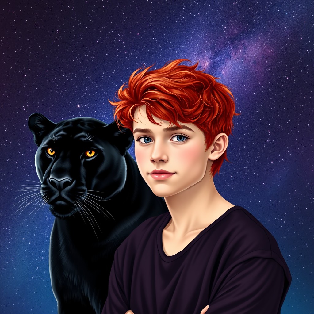 A young man with vibrant red hair, posing confidently next to a sleek black panther against a stunning cosmic background filled with countless stars