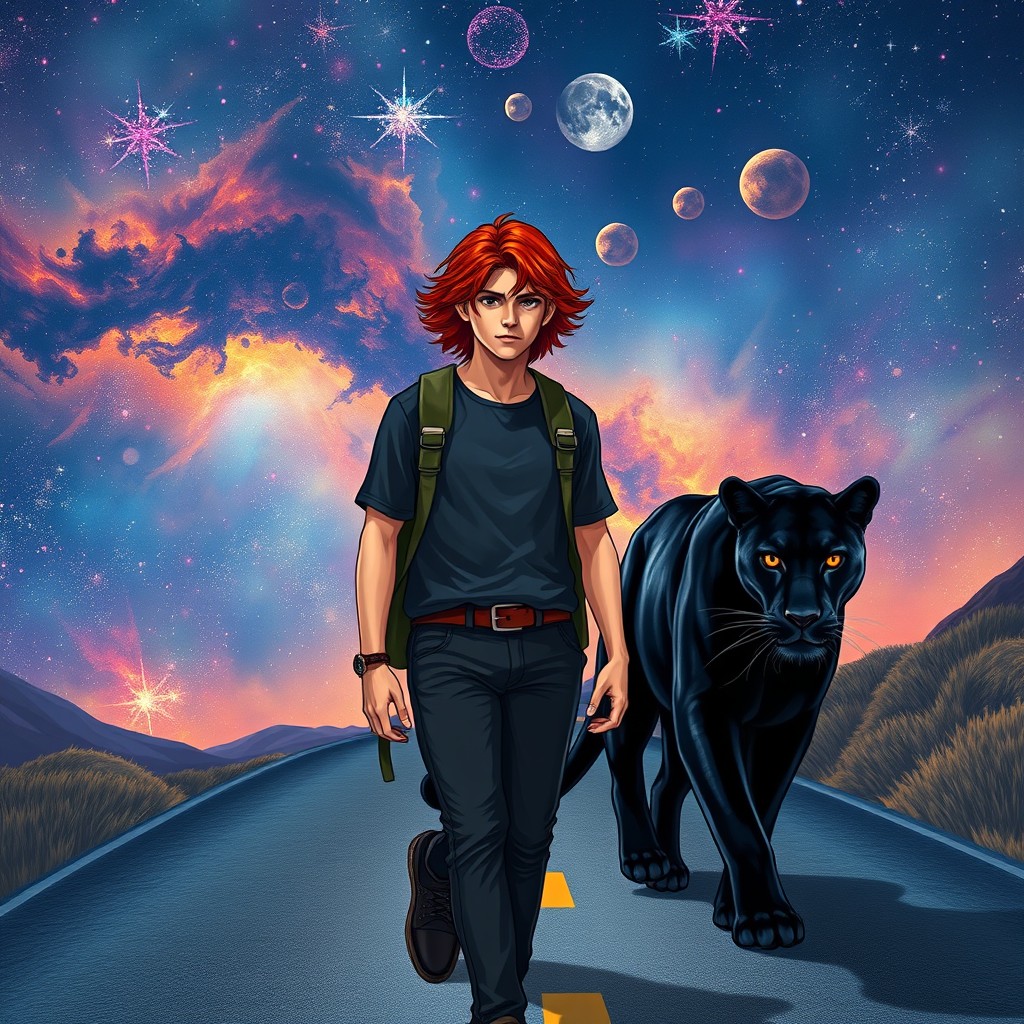 A young man with shoulder-length red hair walking along a starry road in the universe, accompanied by a majestic black panther