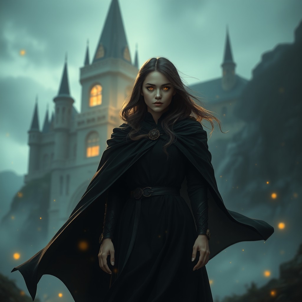 A dark and magical atmosphere with a magnificent castle in the background