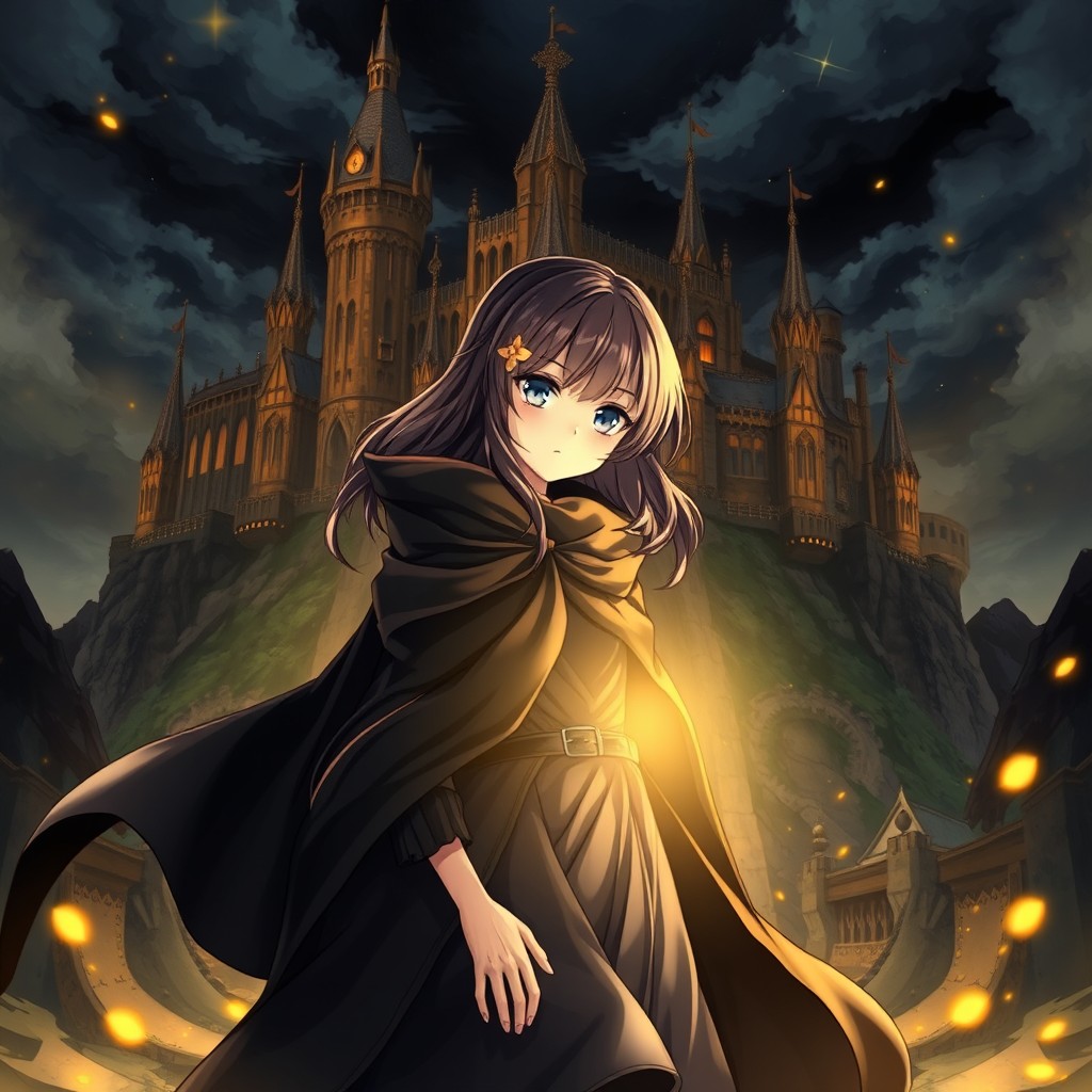 An anime-style book cover featuring a magical atmosphere with dark and golden tones