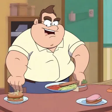 In the episode, the greedy character ate so much that he experienced repletion and couldn't move.