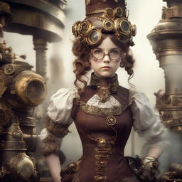 A girl dressed in intricate steampunk style attire, complete with goggles, gear adorned clothing, and a Victorian-inspired dress, surrounded by steam-powered machinery.