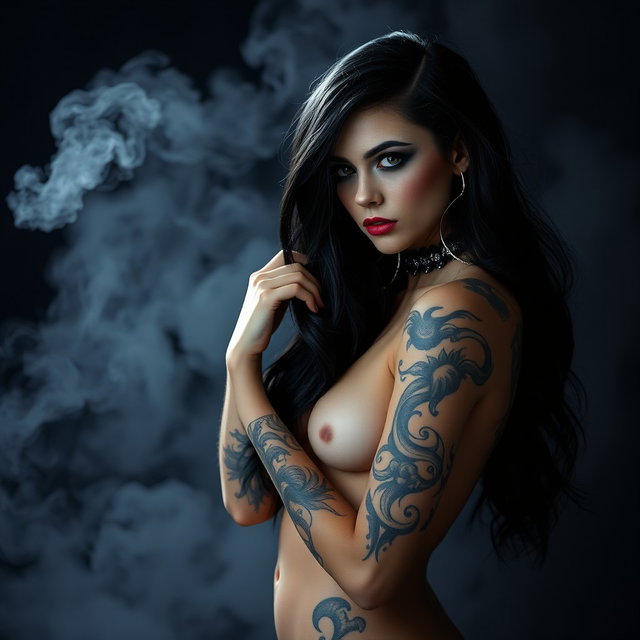 A stylish, naked woman with gothic aesthetics, featuring dark, dramatic makeup, long black hair cascading down her shoulders, and intricate tattoos adorning her body