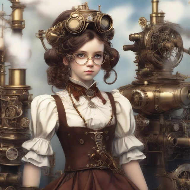 A girl dressed in intricate steampunk style attire, complete with goggles, gear adorned clothing, and a Victorian-inspired dress, surrounded by steam-powered machinery.