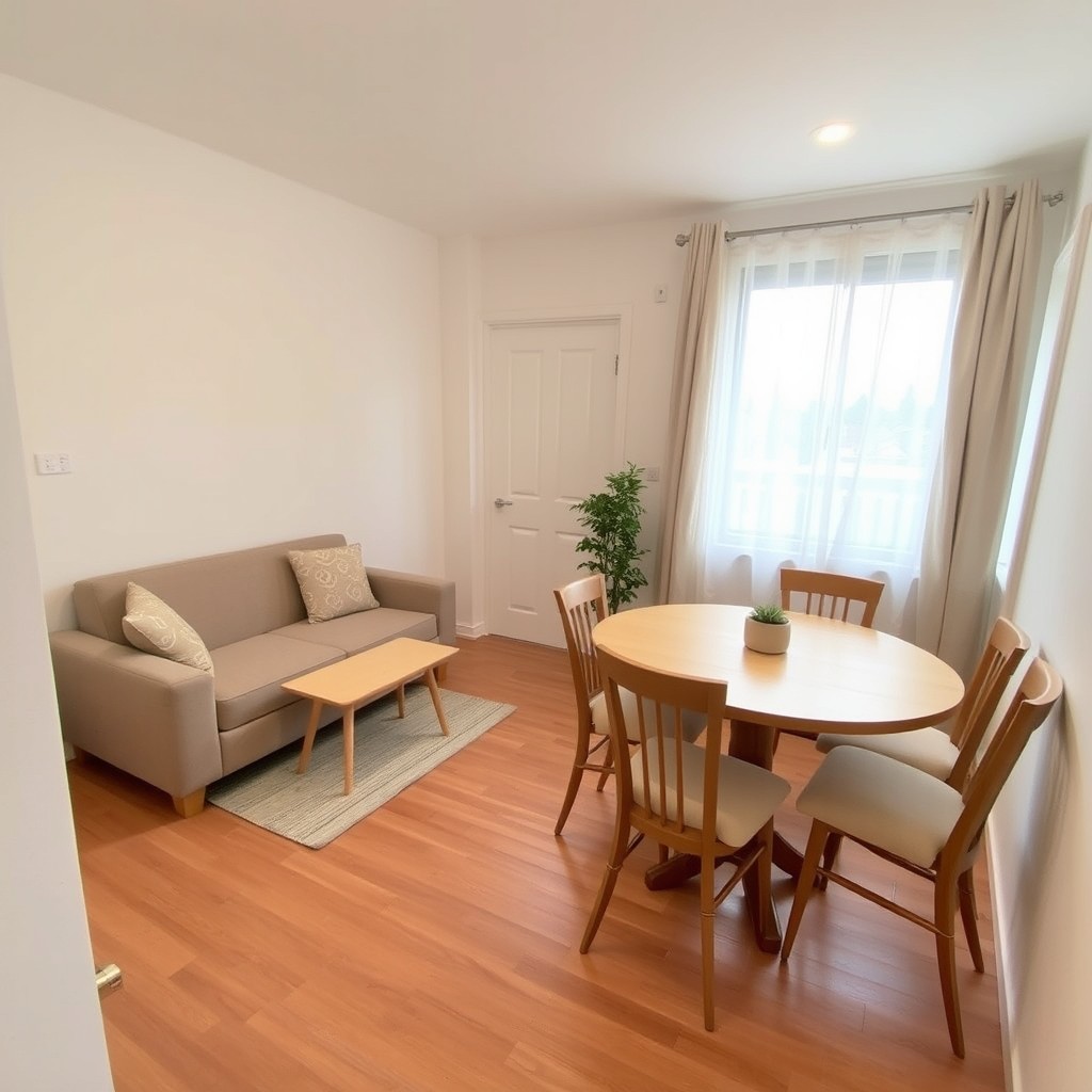 A small and practical living-dining room for four people, designed to utilize the space effectively