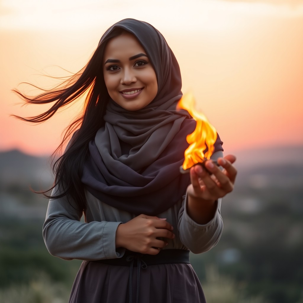 A beautiful Muslim woman with an expression of empowerment as she stands confidently in a scenic outdoor setting