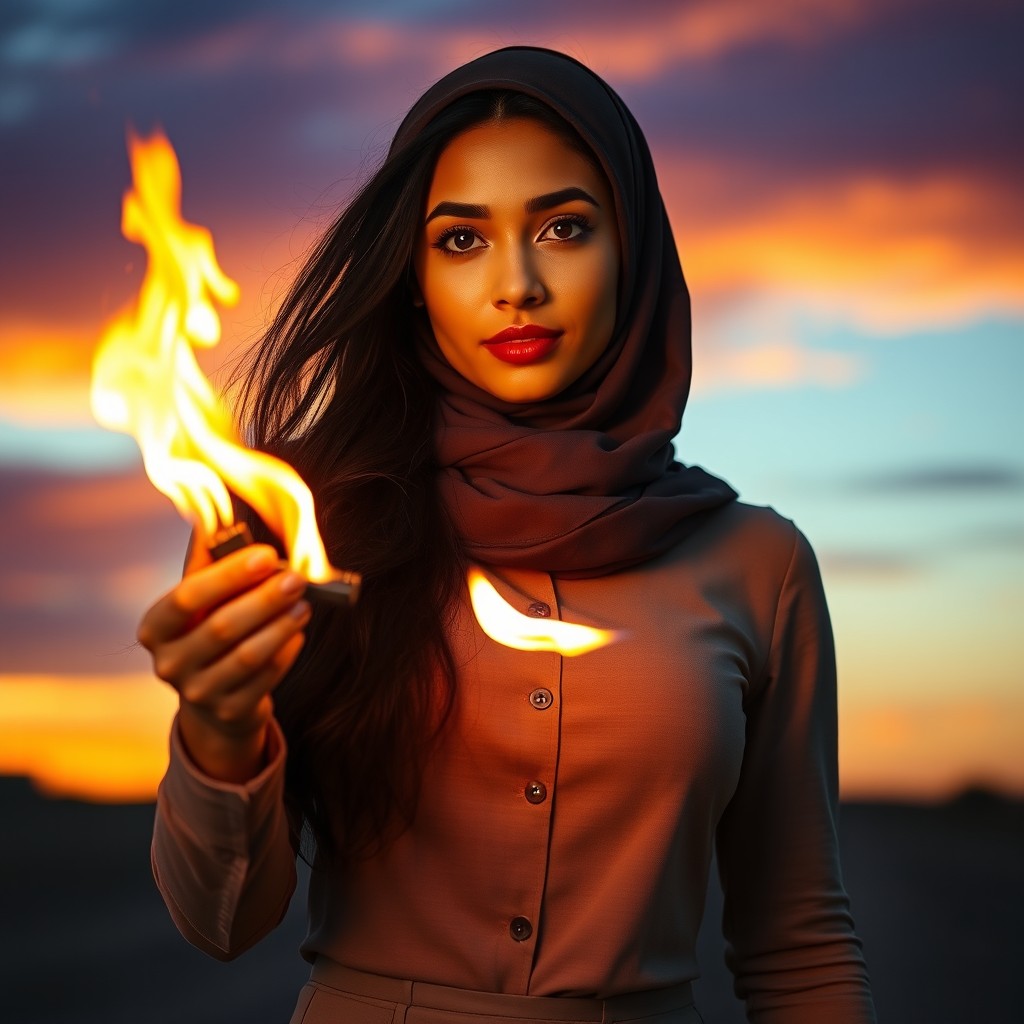 A strikingly beautiful Muslim woman with long, dark hair and an expressive face, standing tall in an open space at dusk