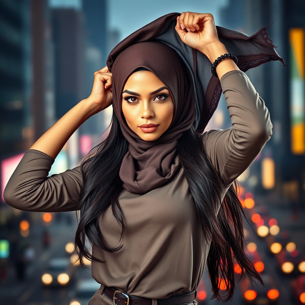 A stunning Muslim woman with striking features and an expression of defiance, standing in a powerful pose
