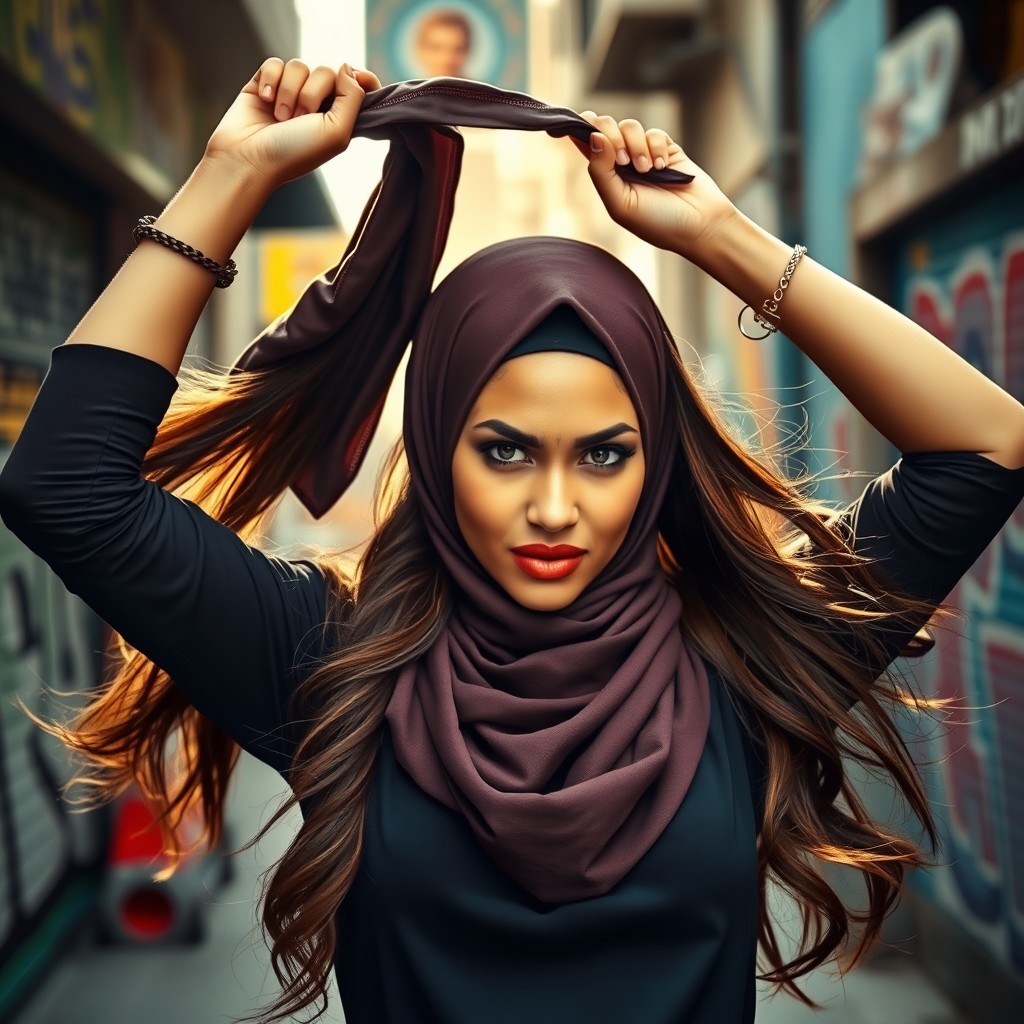 A strikingly beautiful Muslim woman with long, flowing hair and a fierce expression of defiance, depicted in an empowering stance
