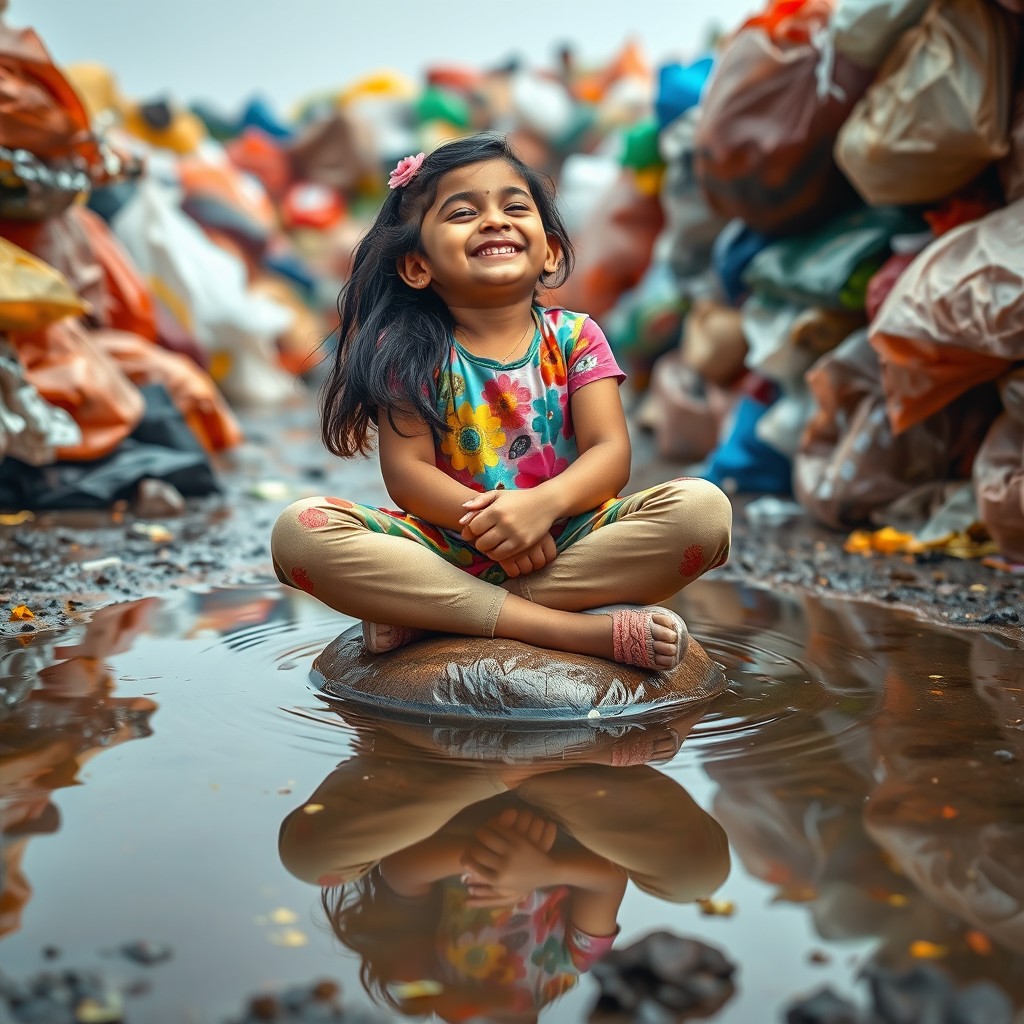 A young Pakistani girl, 18 years old, sitting criss-cross with a joyful smile and her eyes closed