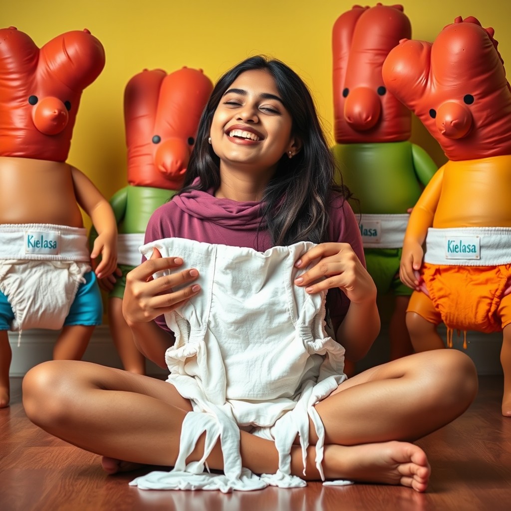 A humorous and surreal scene featuring a young Pakistani woman, 18 years old, sitting comfortably in a crisscross position