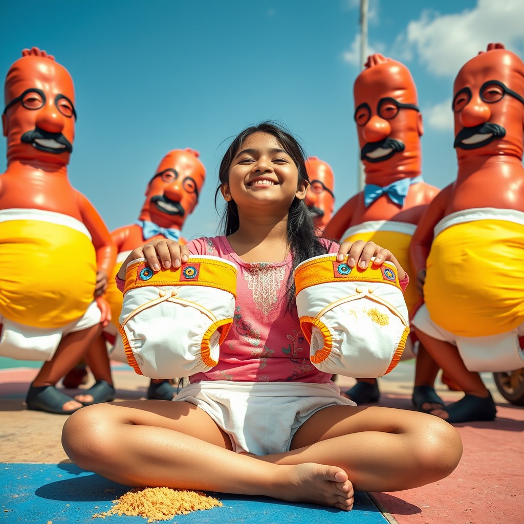 A vibrant and whimsical scene featuring a joyful 18-year-old Pakistani girl sitting criss-cross with her eyes closed, surrounded by comical men whose heads are giant cheesy kielbasas
