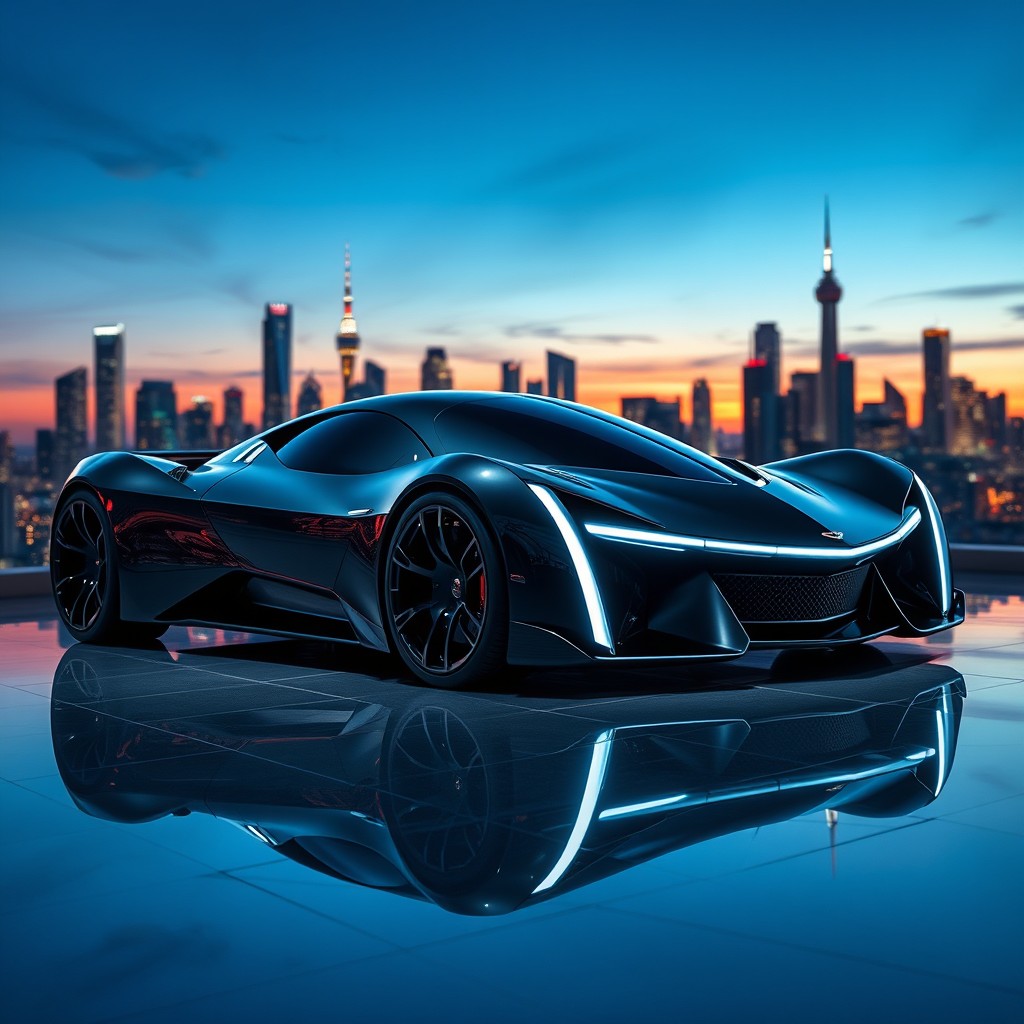 A sleek black Cadillac hypercar, featuring an aerodynamic design with sharp lines and futuristic elements