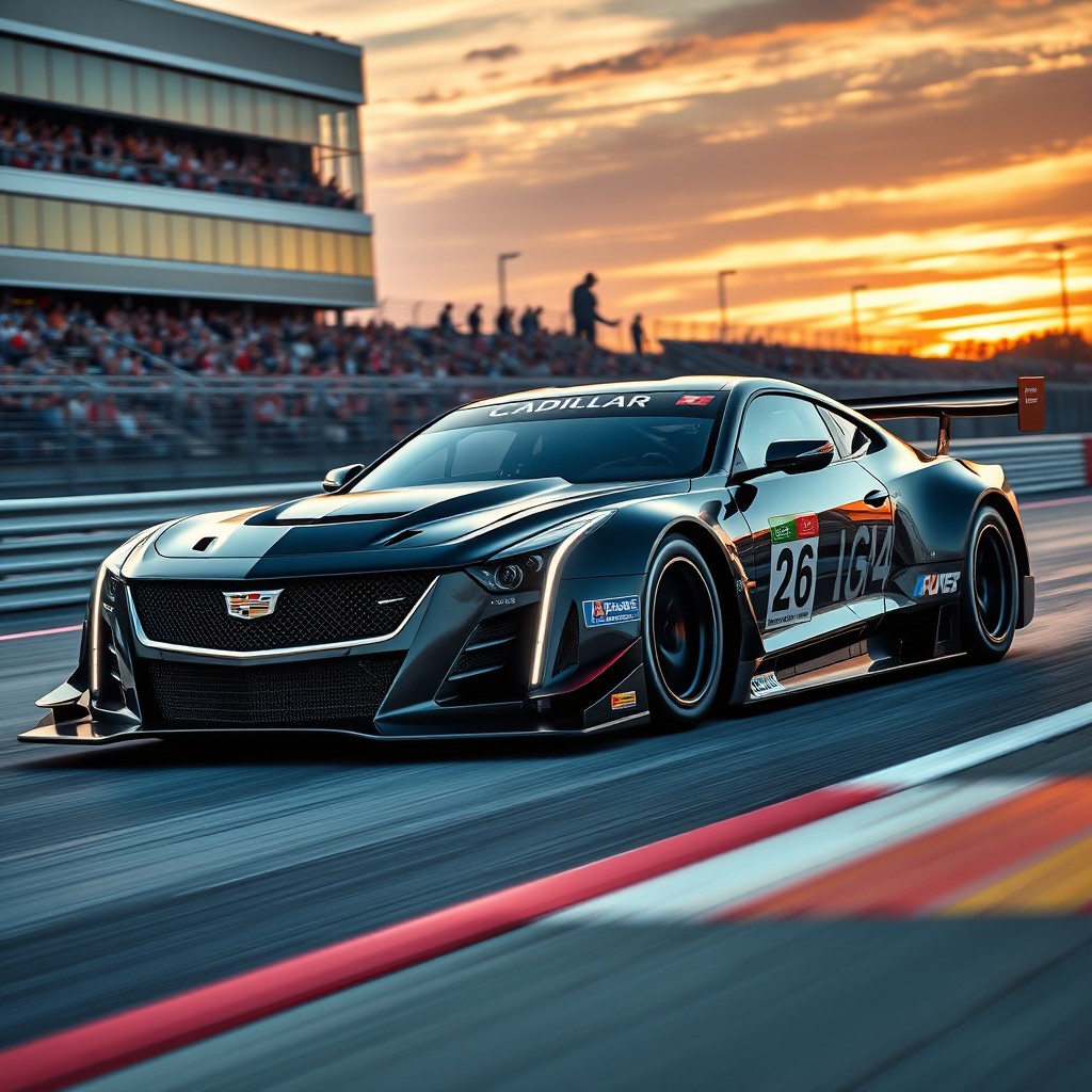 A striking black Cadillac LMDh race car, showcasing its cutting-edge aerodynamic design with sharp angles and a bold front fascia