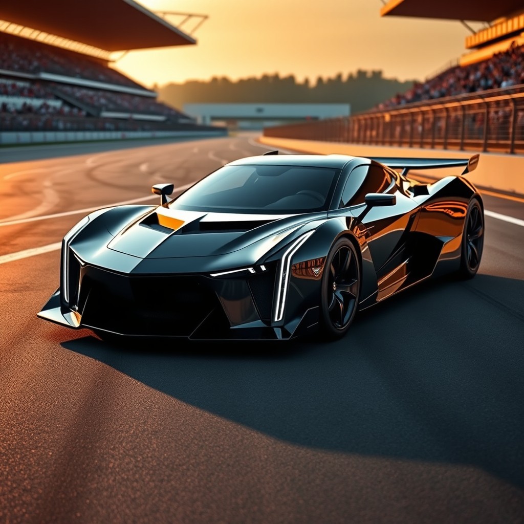 A stunning black Cadillac LMDh hypercar, combining the sleek design elements of high-performance racing cars with the sophistication of a luxury hypercar