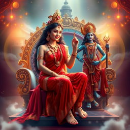 A stunning Hindu apsara with glowing, radiant skin, adorned in a vibrant red saree and exquisite jewellery, including a necklace and delicate payals on her feet