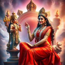 A stunning Hindu apsara with glowing, radiant skin, adorned in a vibrant red saree and exquisite jewellery, including a necklace and delicate payals on her feet