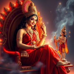 A stunning Hindu apsara with glowing, radiant skin, adorned in a vibrant red saree and exquisite jewellery, including a necklace and delicate payals on her feet