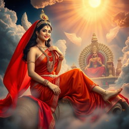 A breathtaking scene in a celestial realm, depicting a beautiful Hindu apsara with glowing skin draped elegantly in a vibrant red saree