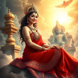 A breathtaking scene in a celestial realm, depicting a beautiful Hindu apsara with glowing skin draped elegantly in a vibrant red saree