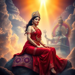 A breathtaking scene in a celestial realm, depicting a beautiful Hindu apsara with glowing skin draped elegantly in a vibrant red saree
