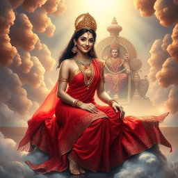 A breathtaking scene in a celestial realm, depicting a beautiful Hindu apsara with glowing skin draped elegantly in a vibrant red saree